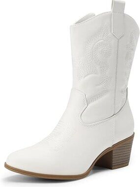 Women's White Faux Leather Cowgirl Boots With Round Toe Chunky Low Heel Shoes